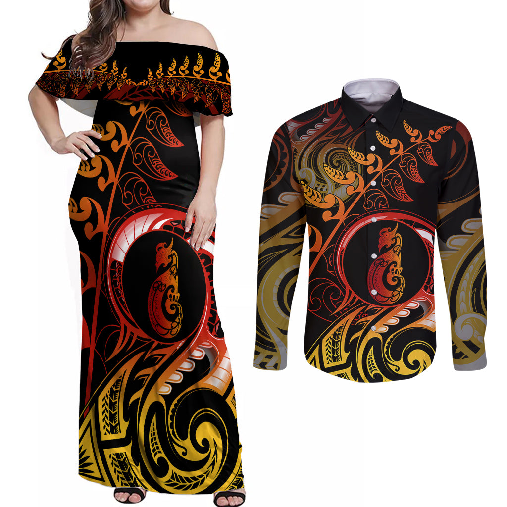New Zealand Couples Matching Off Shoulder Maxi Dress and Long Sleeve Button Shirts Aotearoa Manaia Maori Fern Tattoo Arty LT9 - Wonder Print Shop