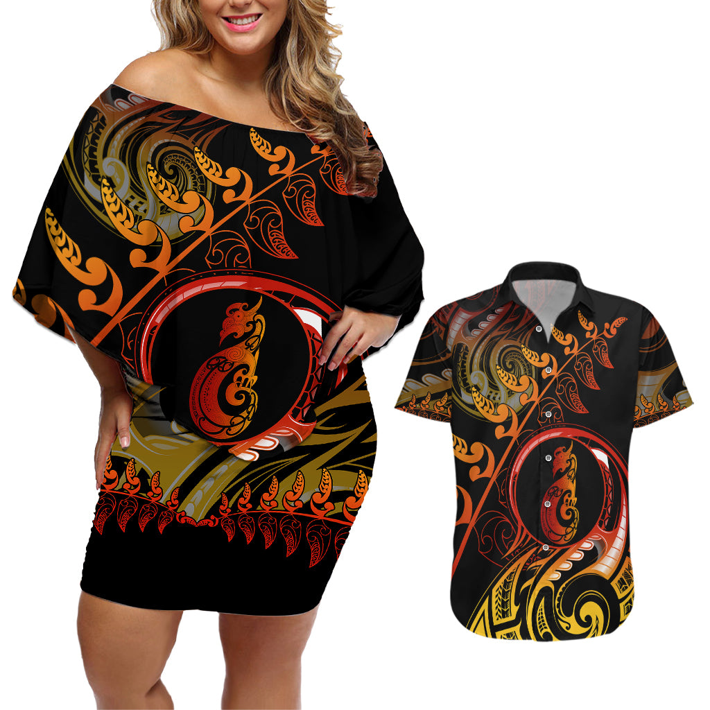 New Zealand Couples Matching Off Shoulder Short Dress and Hawaiian Shirt Aotearoa Manaia Maori Fern Tattoo Arty LT9 - Wonder Print Shop