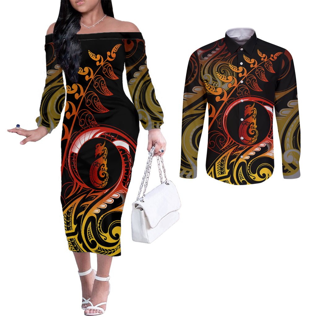 new-zealand-couples-matching-off-the-shoulder-long-sleeve-dress-and-long-sleeve-button-shirts-aotearoa-manaia-maori-fern-tattoo-arty