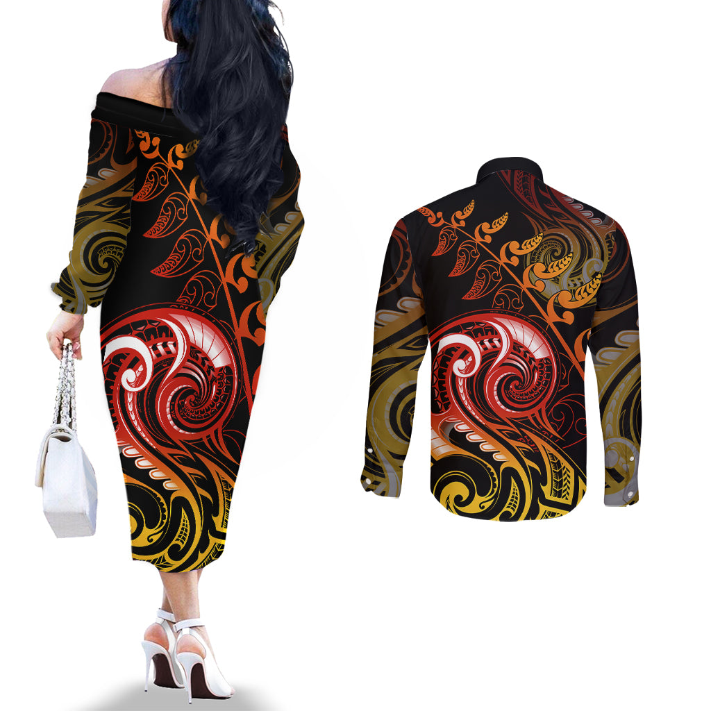 new-zealand-couples-matching-off-the-shoulder-long-sleeve-dress-and-long-sleeve-button-shirts-aotearoa-manaia-maori-fern-tattoo-arty