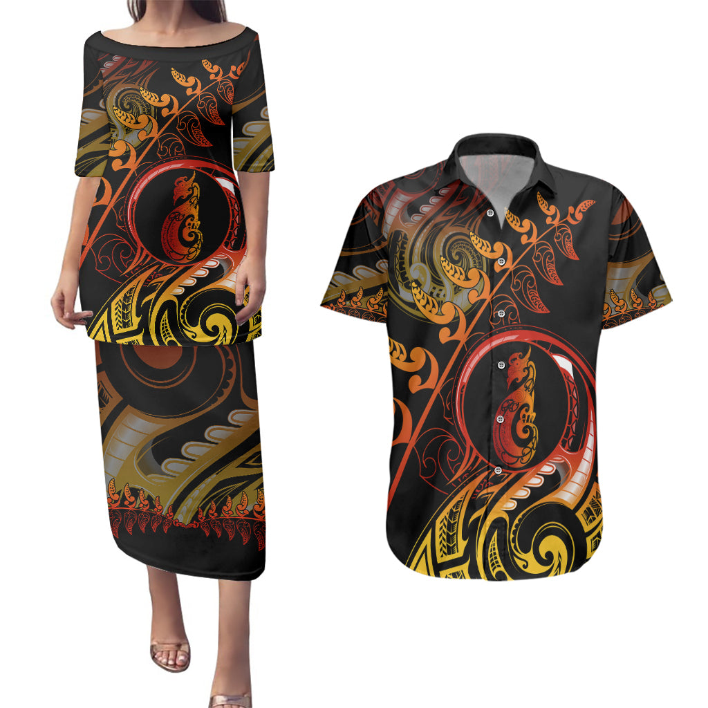New Zealand Couples Matching Puletasi Dress and Hawaiian Shirt Aotearoa Manaia Maori Fern Tattoo Arty LT9 - Wonder Print Shop