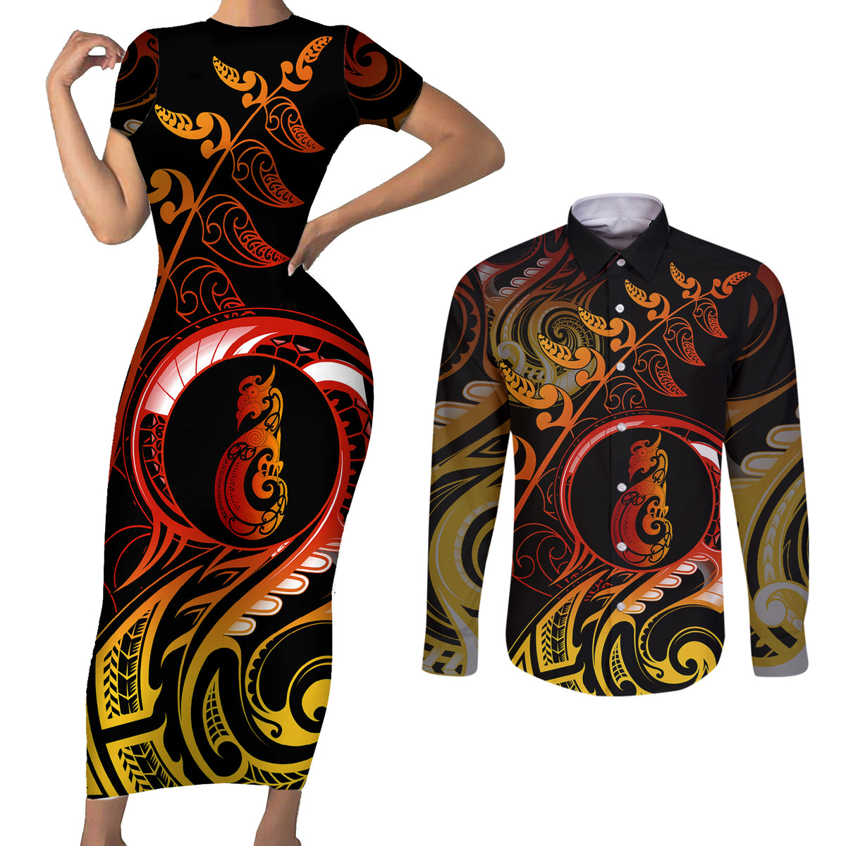 New Zealand Couples Matching Short Sleeve Bodycon Dress and Long Sleeve Button Shirts Aotearoa Manaia Maori Fern Tattoo Arty LT9 - Wonder Print Shop