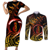 New Zealand Couples Matching Short Sleeve Bodycon Dress and Long Sleeve Button Shirts Aotearoa Manaia Maori Fern Tattoo Arty LT9 - Wonder Print Shop