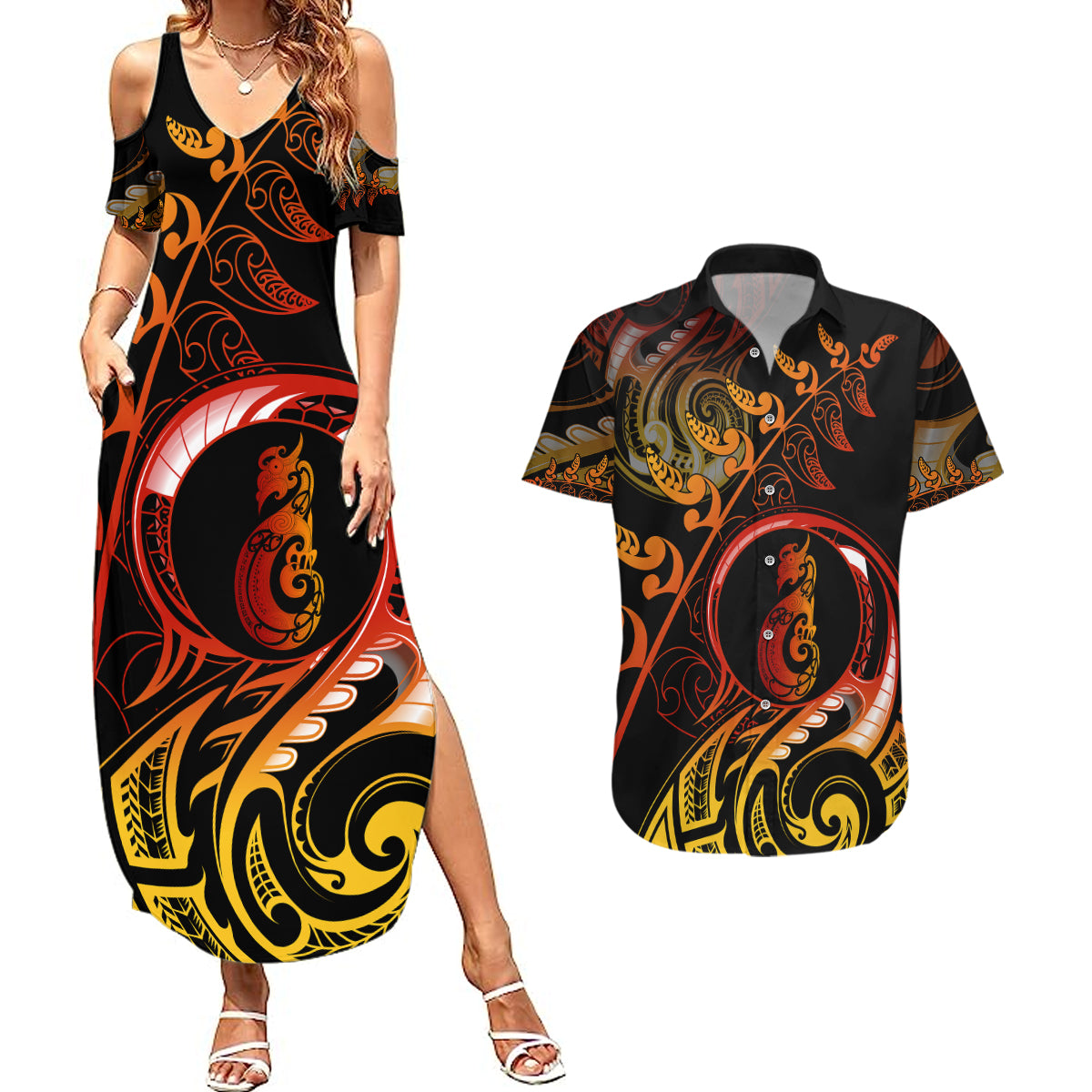 New Zealand Couples Matching Summer Maxi Dress and Hawaiian Shirt Aotearoa Manaia Maori Fern Tattoo Arty LT9 - Wonder Print Shop