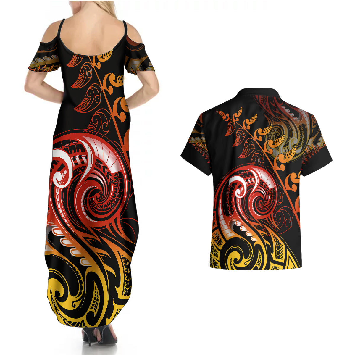 New Zealand Couples Matching Summer Maxi Dress and Hawaiian Shirt Aotearoa Manaia Maori Fern Tattoo Arty LT9 - Wonder Print Shop