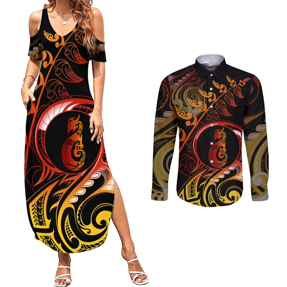 New Zealand Couples Matching Summer Maxi Dress and Long Sleeve Button Shirts Aotearoa Manaia Maori Fern Tattoo Arty LT9 - Wonder Print Shop