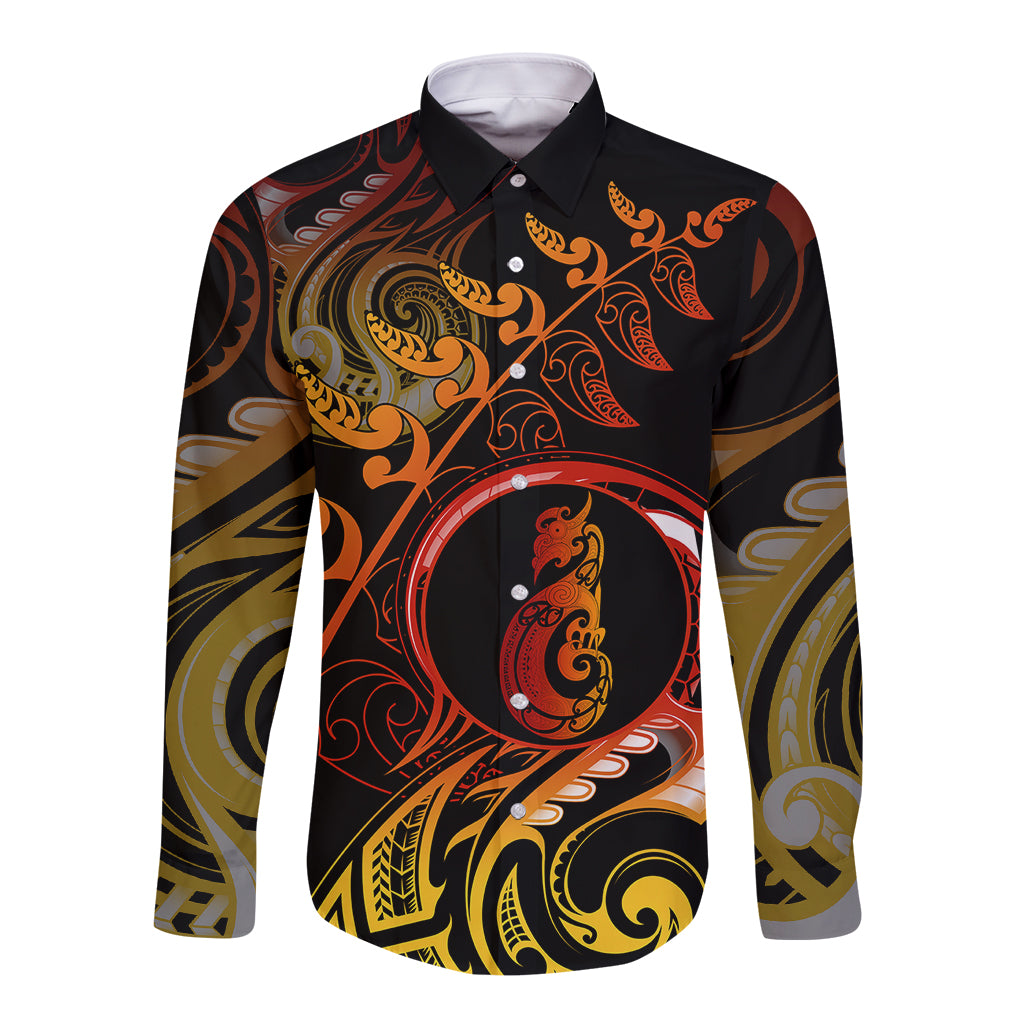 New Zealand Long Sleeve Button Shirt Aotearoa Manaia Maori Fern Tattoo Arty - Wonder Print Shop