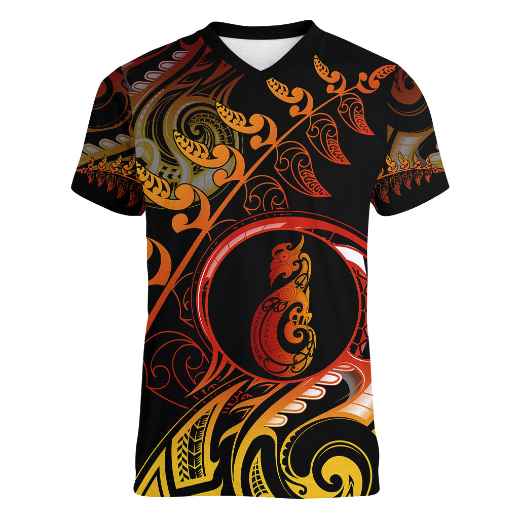 New Zealand Women V Neck T Shirt Aotearoa Manaia Maori Fern Tattoo Arty - Wonder Print Shop