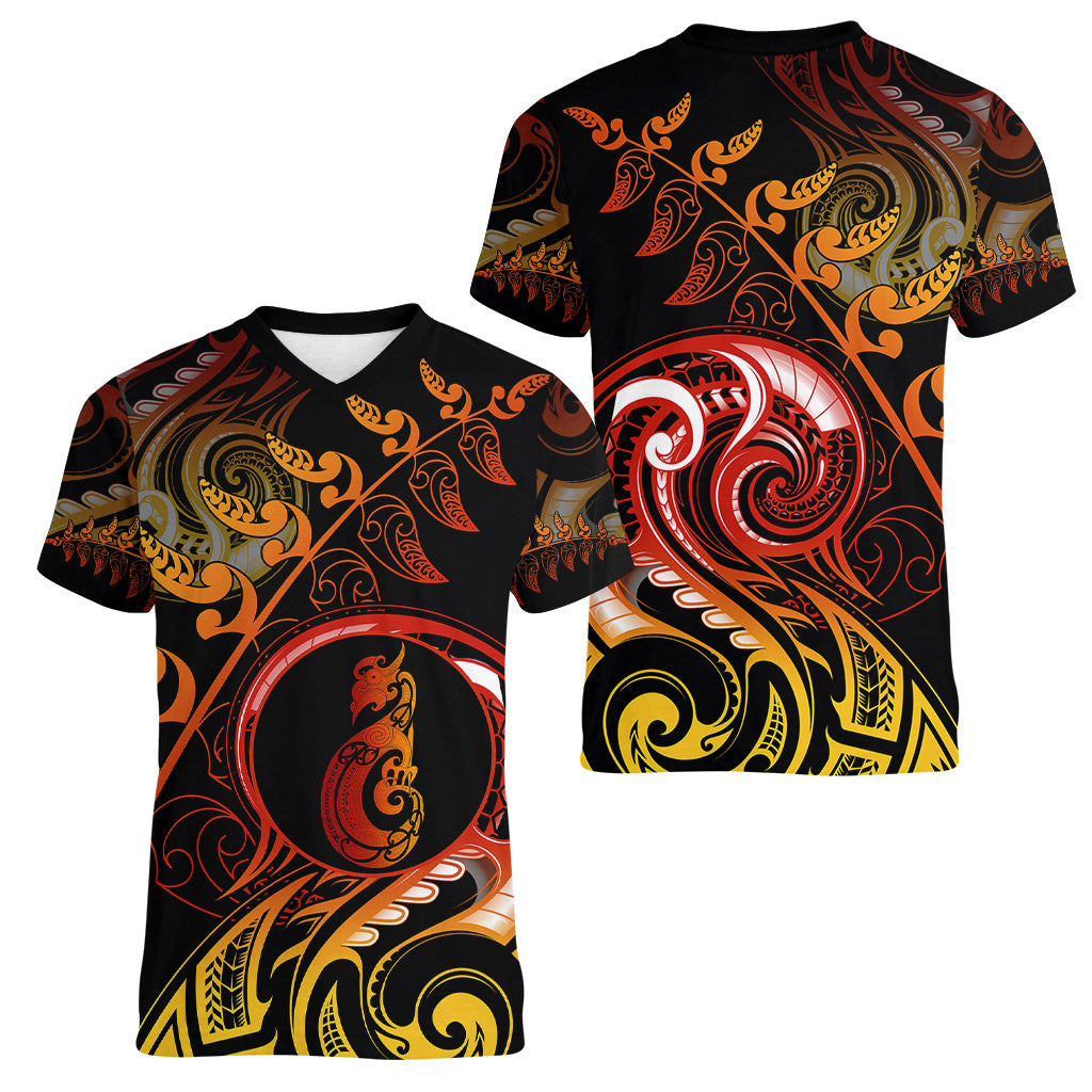 New Zealand Women V Neck T Shirt Aotearoa Manaia Maori Fern Tattoo Arty - Wonder Print Shop