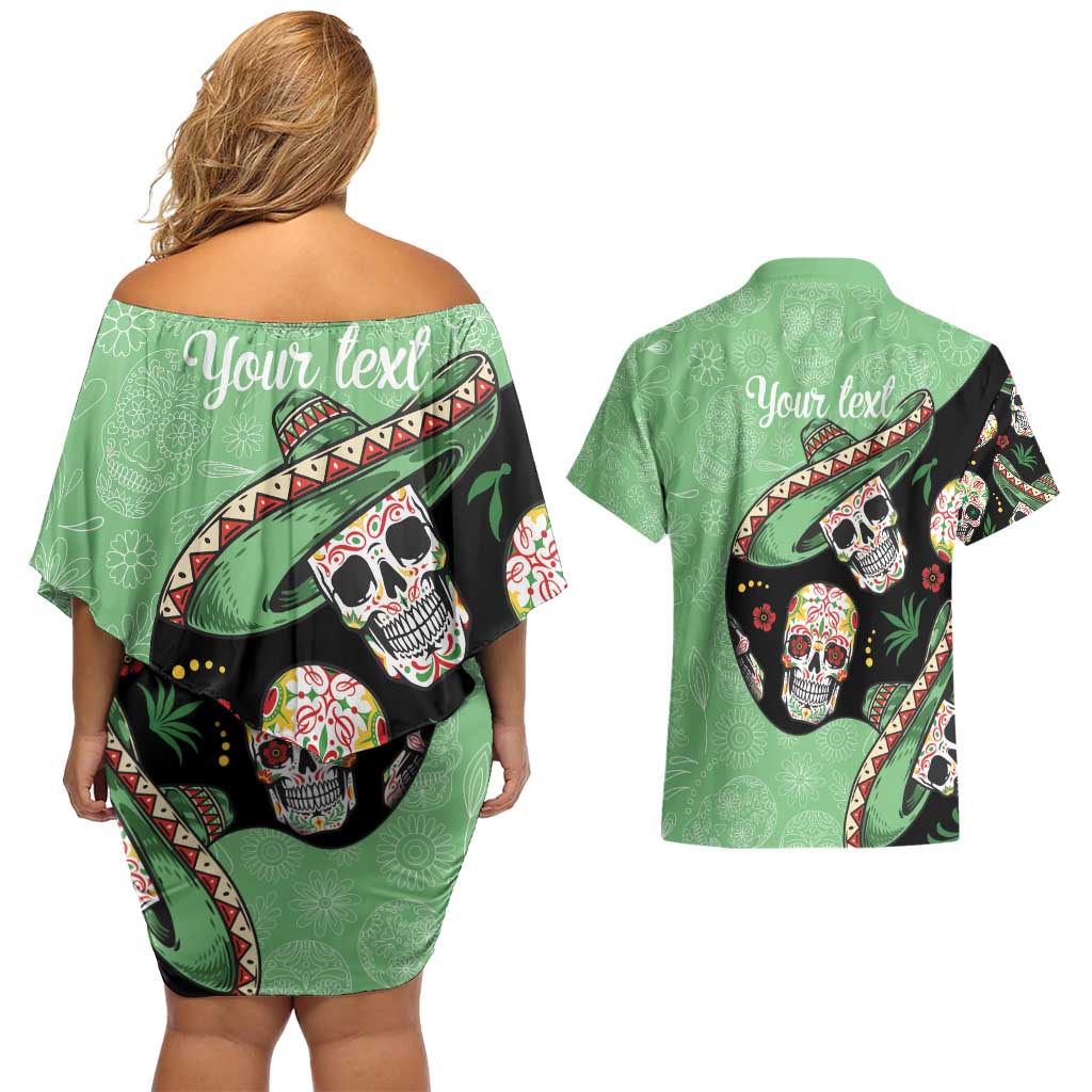 Mexican Sugar Skull Personalized Couples Matching Off Shoulder Short Dress and Hawaiian Shirt Dia de Los Muertos Vibe LT9 - Wonder Print Shop