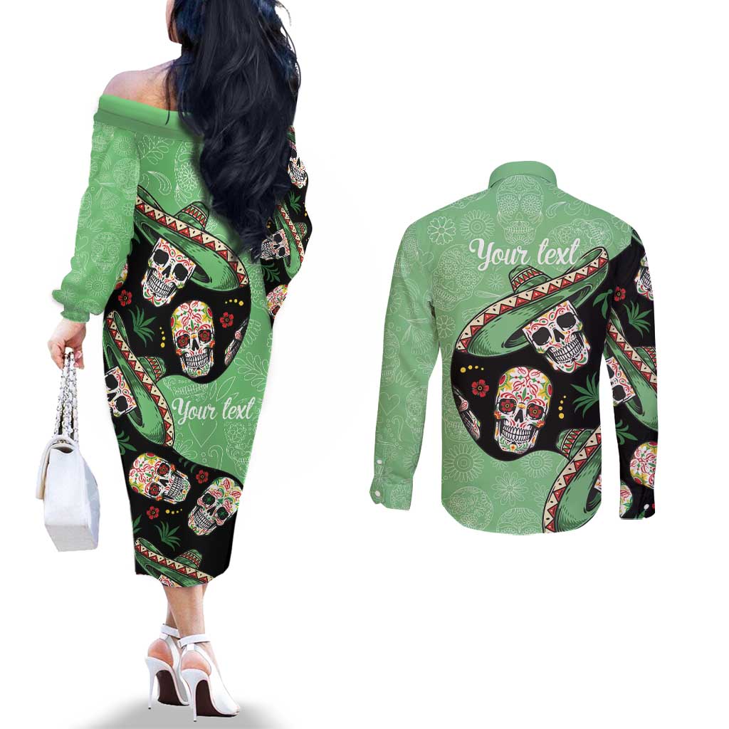 Mexican Sugar Skull Personalized Couples Matching Off The Shoulder Long Sleeve Dress and Long Sleeve Button Shirt Dia de Los Muertos Vibe