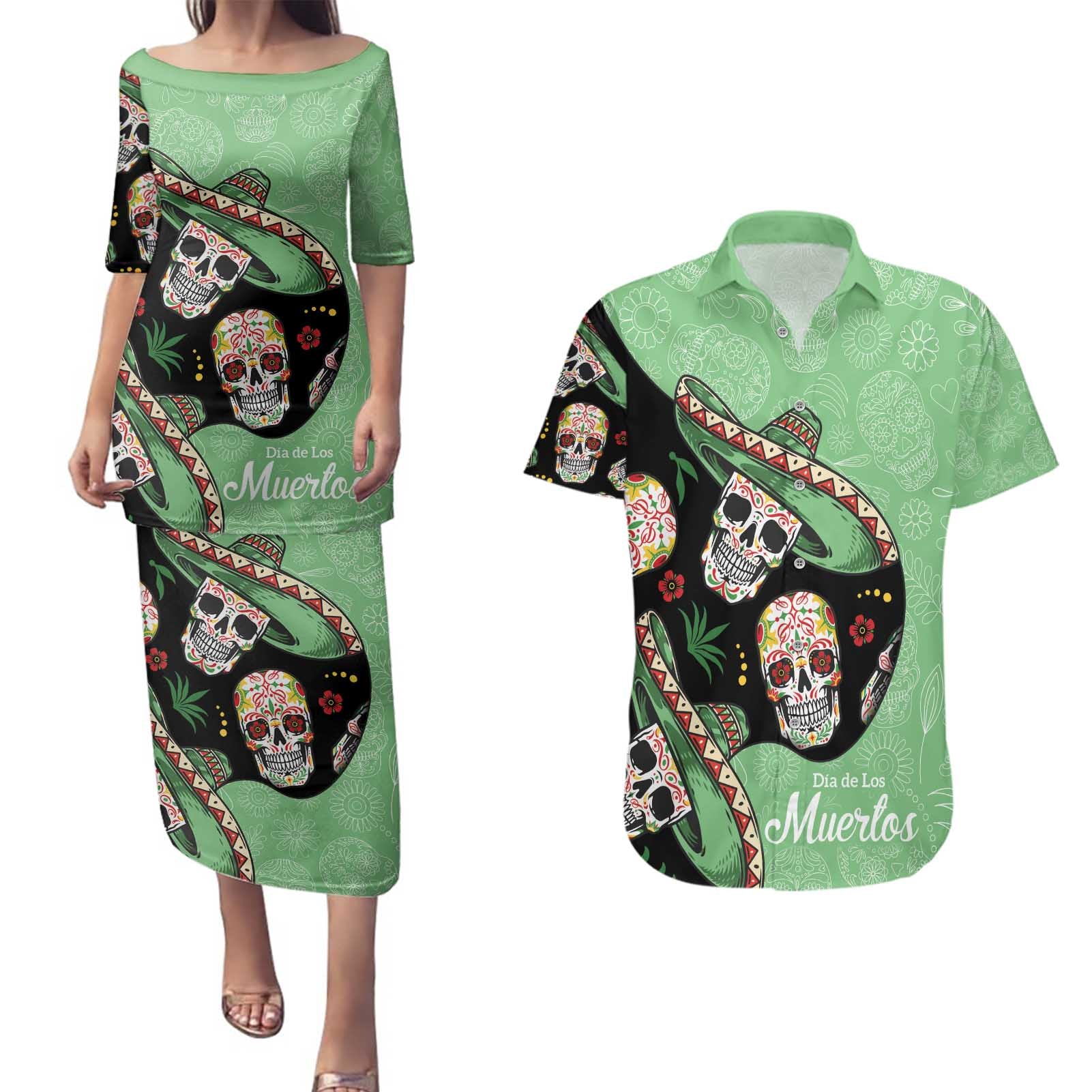 Mexican Sugar Skull Personalized Couples Matching Puletasi and Hawaiian Shirt Dia de Los Muertos Vibe LT9 - Wonder Print Shop