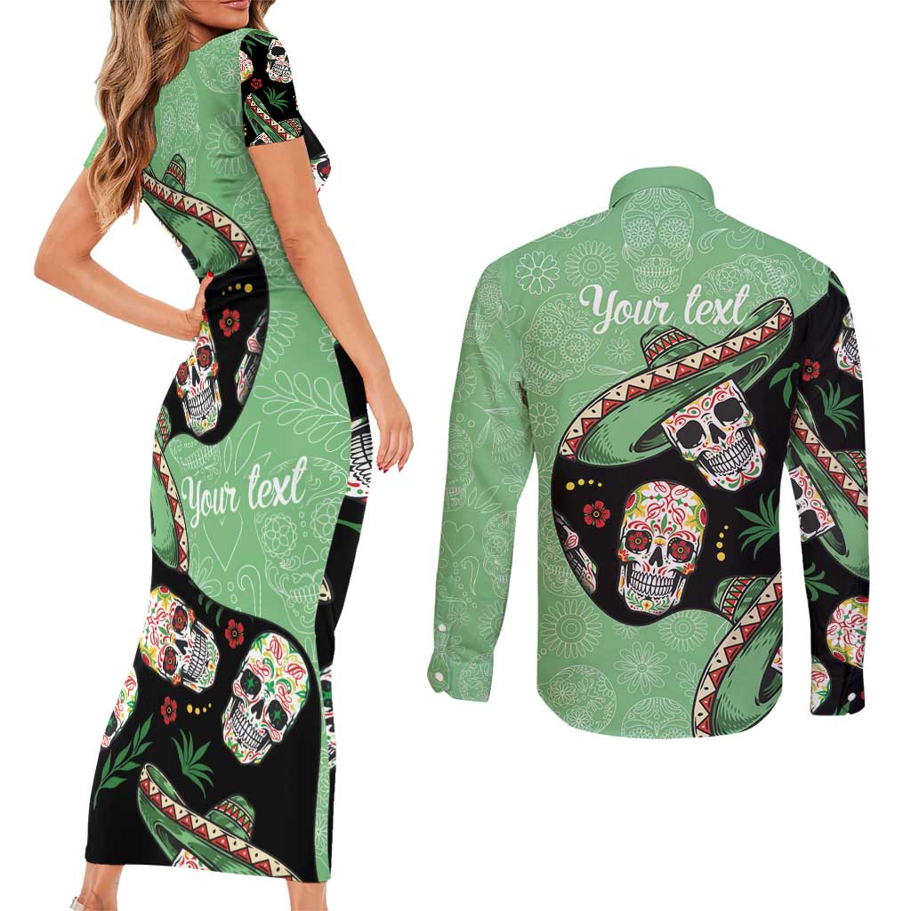 Mexican Sugar Skull Personalized Couples Matching Short Sleeve Bodycon Dress and Long Sleeve Button Shirt Dia de Los Muertos Vibe LT9 - Wonder Print Shop