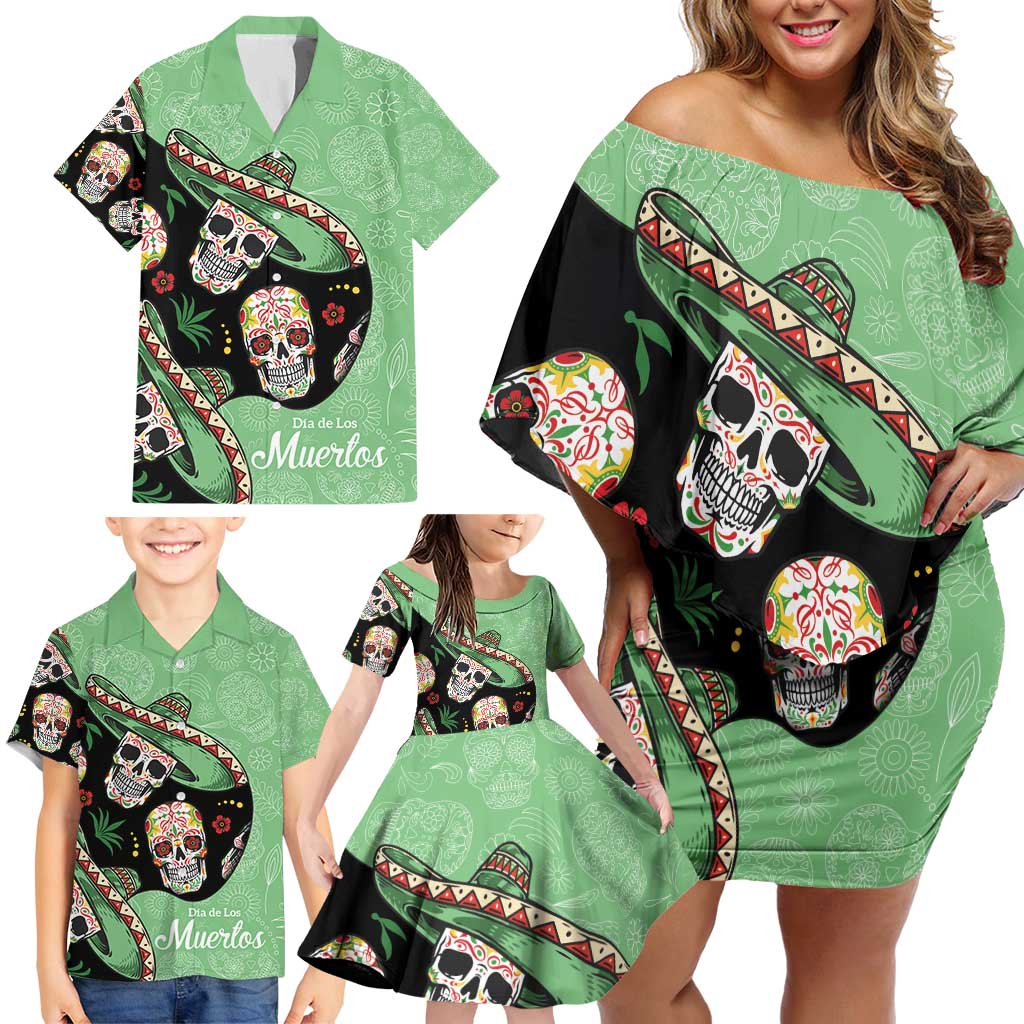 Mexican Sugar Skull Personalized Family Matching Off Shoulder Short Dress and Hawaiian Shirt Dia de Los Muertos Vibe LT9 - Wonder Print Shop