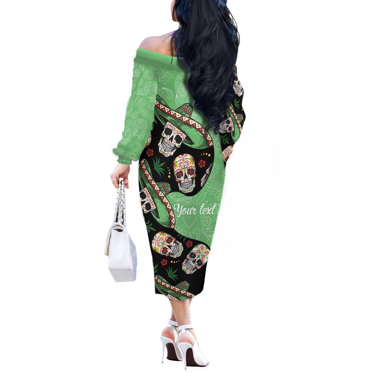 Mexican Sugar Skull Personalized Off The Shoulder Long Sleeve Dress Dia de Los Muertos Vibe - Wonder Print Shop