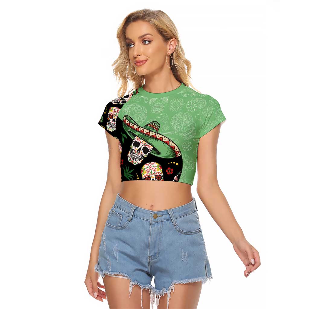 Mexican Sugar Skull Personalized Raglan Cropped T Shirt Dia de Los Muertos Vibe - Wonder Print Shop