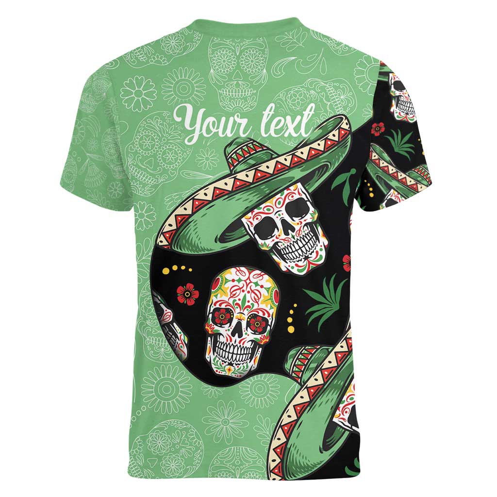 Mexican Sugar Skull Personalized Women V-Neck T-Shirt Dia de Los Muertos Vibe - Wonder Print Shop