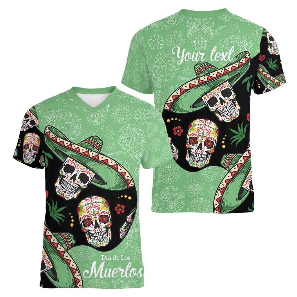 Mexican Sugar Skull Personalized Women V-Neck T-Shirt Dia de Los Muertos Vibe - Wonder Print Shop