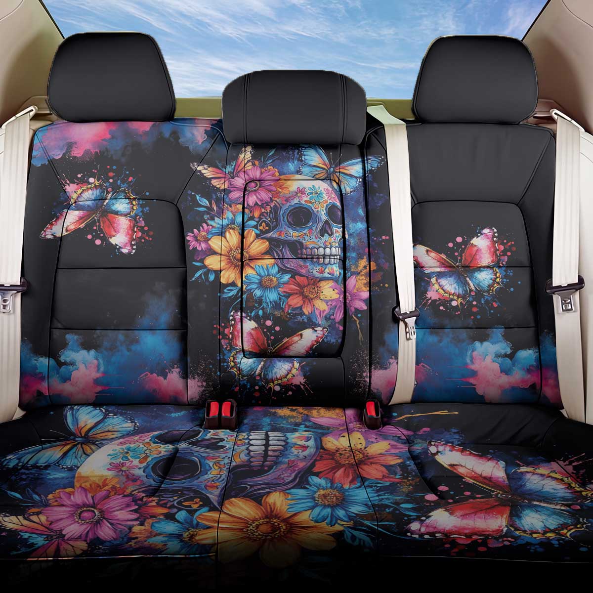Mexican La Calaca and Butterfly Back Car Seat Cover Skull Day Of The Dead LT9 - Wonder Print Shop