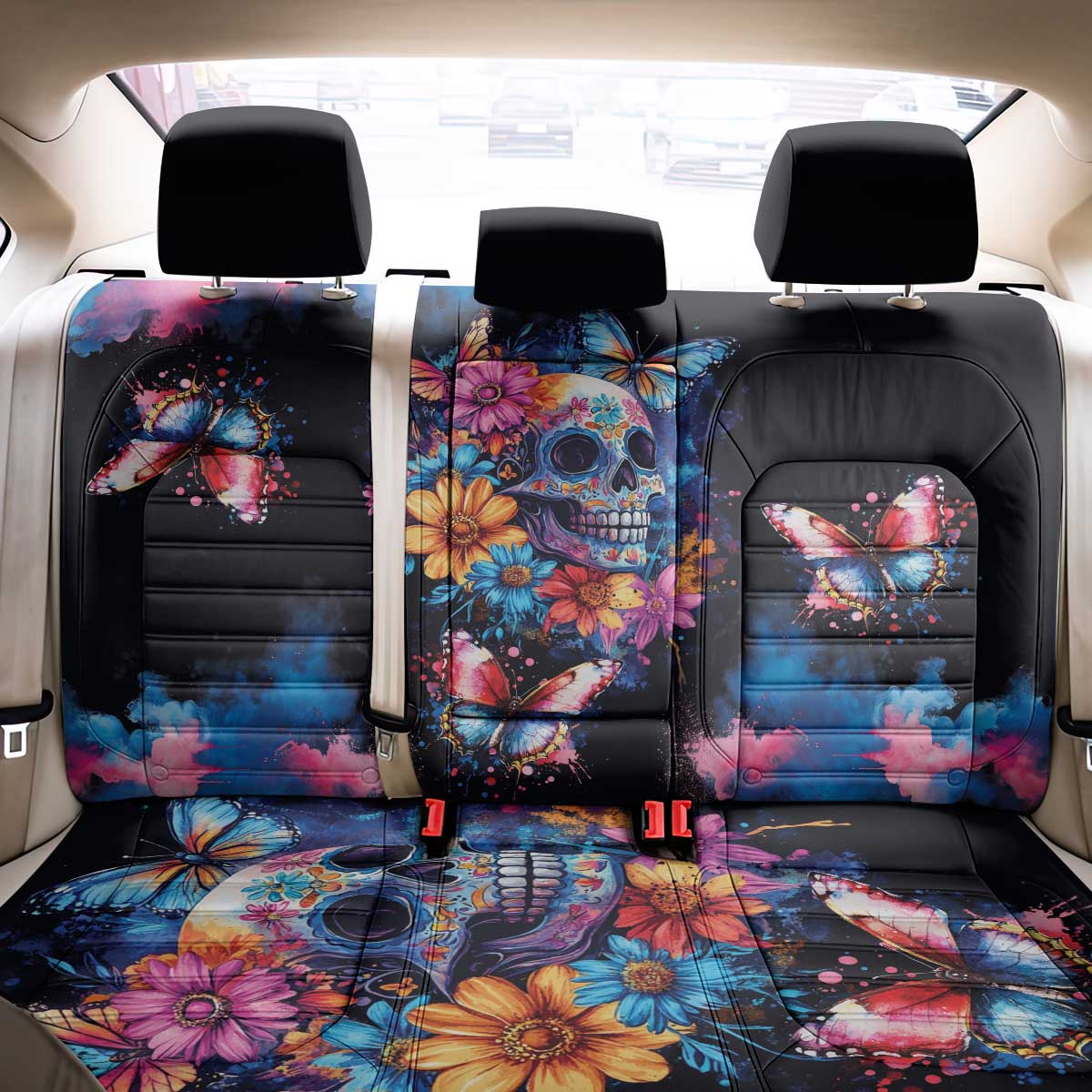 Mexican La Calaca and Butterfly Back Car Seat Cover Skull Day Of The Dead LT9 - Wonder Print Shop