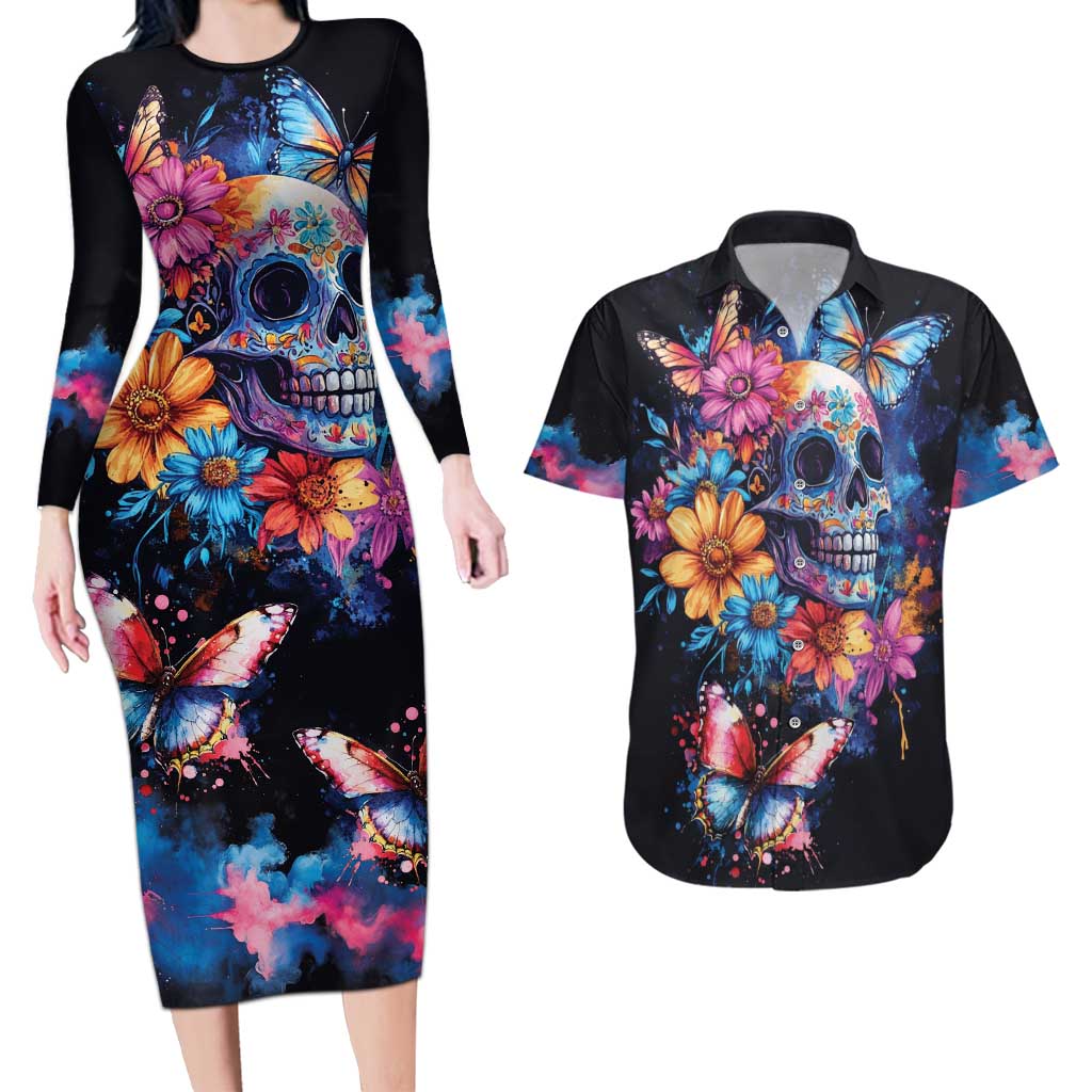 Mexican La Calaca and Butterfly Couples Matching Long Sleeve Bodycon Dress and Hawaiian Shirt Skull Day Of The Dead LT9 - Wonder Print Shop