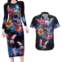 Mexican La Calaca and Butterfly Couples Matching Long Sleeve Bodycon Dress and Hawaiian Shirt Skull Day Of The Dead LT9 - Wonder Print Shop