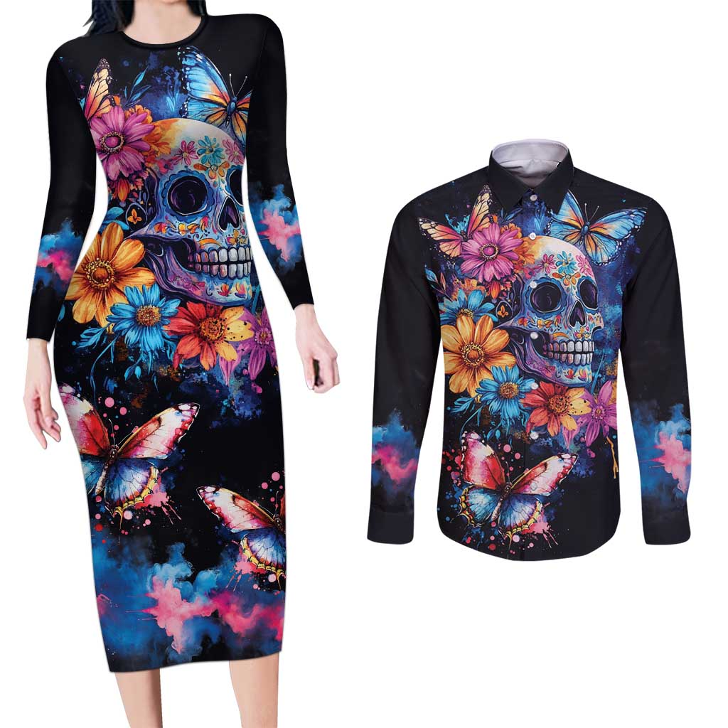 Mexican La Calaca and Butterfly Couples Matching Long Sleeve Bodycon Dress and Long Sleeve Button Shirt Skull Day Of The Dead LT9 - Wonder Print Shop