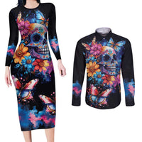 Mexican La Calaca and Butterfly Couples Matching Long Sleeve Bodycon Dress and Long Sleeve Button Shirt Skull Day Of The Dead LT9 - Wonder Print Shop
