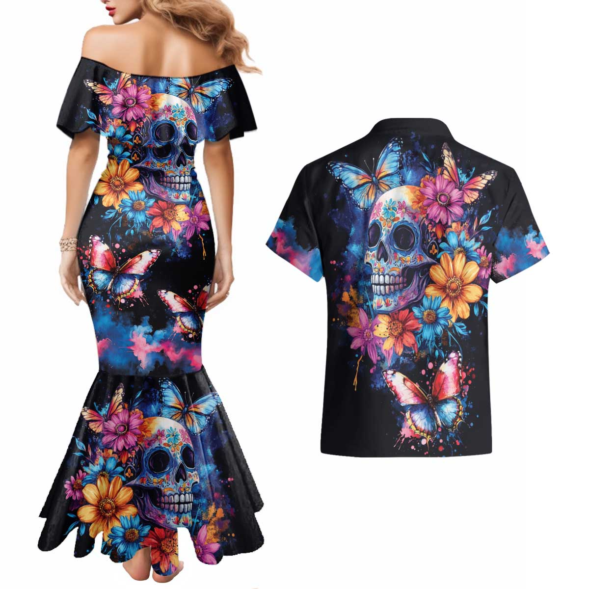Mexican La Calaca and Butterfly Couples Matching Mermaid Dress and Hawaiian Shirt Skull Day Of The Dead LT9 - Wonder Print Shop