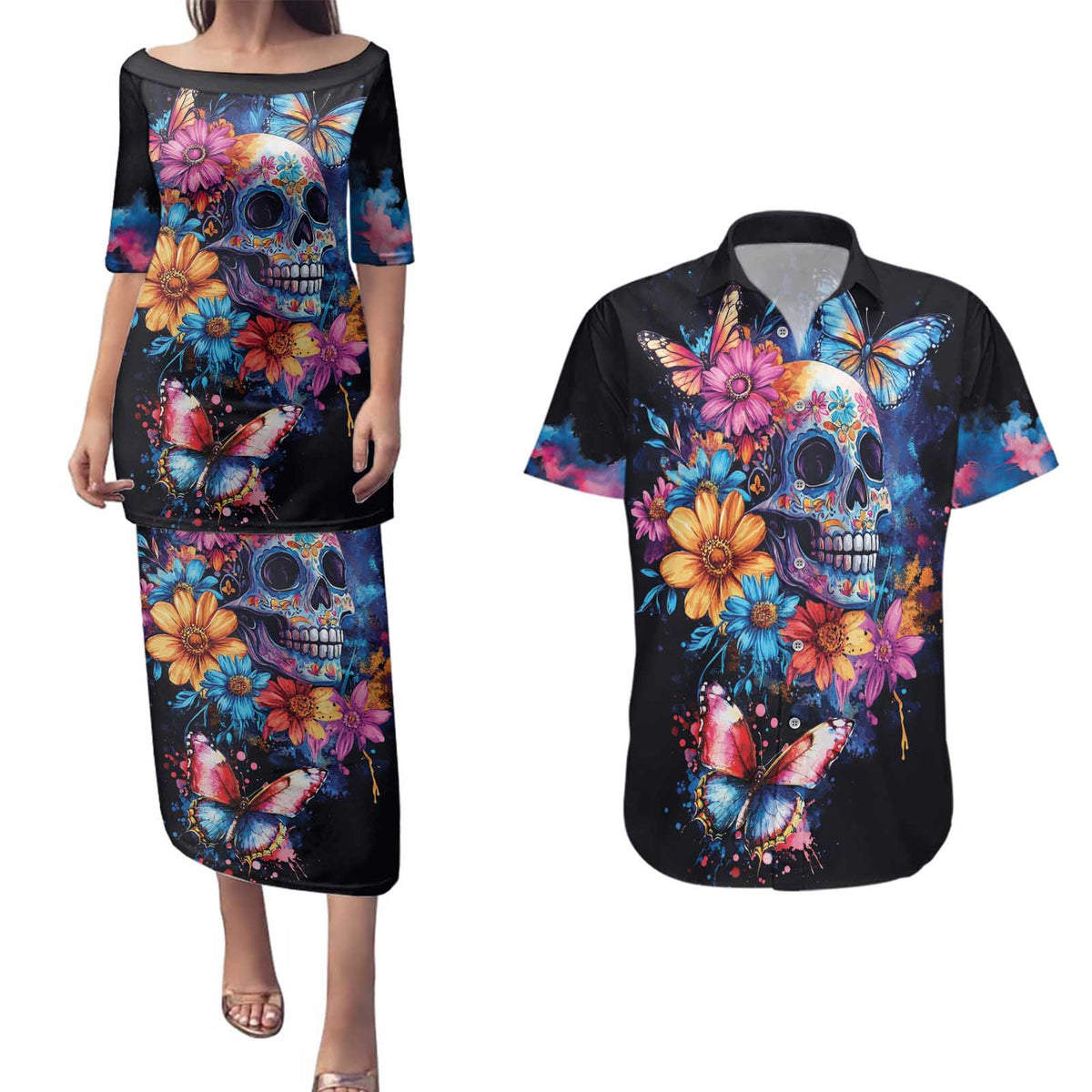 Mexican La Calaca and Butterfly Couples Matching Puletasi and Hawaiian Shirt Skull Day Of The Dead LT9 - Wonder Print Shop