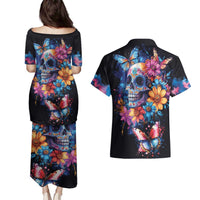 Mexican La Calaca and Butterfly Couples Matching Puletasi and Hawaiian Shirt Skull Day Of The Dead LT9 - Wonder Print Shop