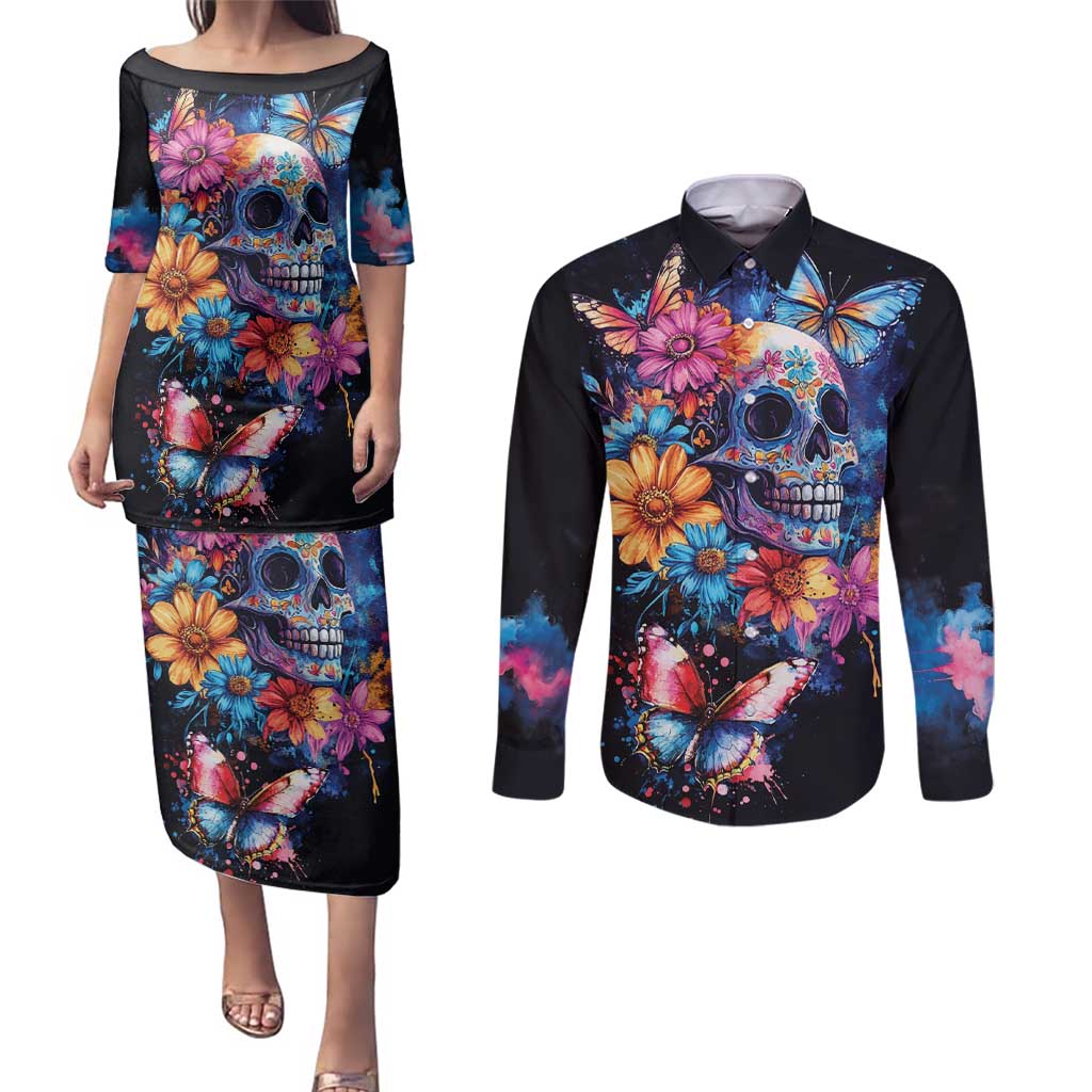 Mexican La Calaca and Butterfly Couples Matching Puletasi and Long Sleeve Button Shirt Skull Day Of The Dead LT9 - Wonder Print Shop