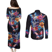Mexican La Calaca and Butterfly Couples Matching Puletasi and Long Sleeve Button Shirt Skull Day Of The Dead LT9 - Wonder Print Shop