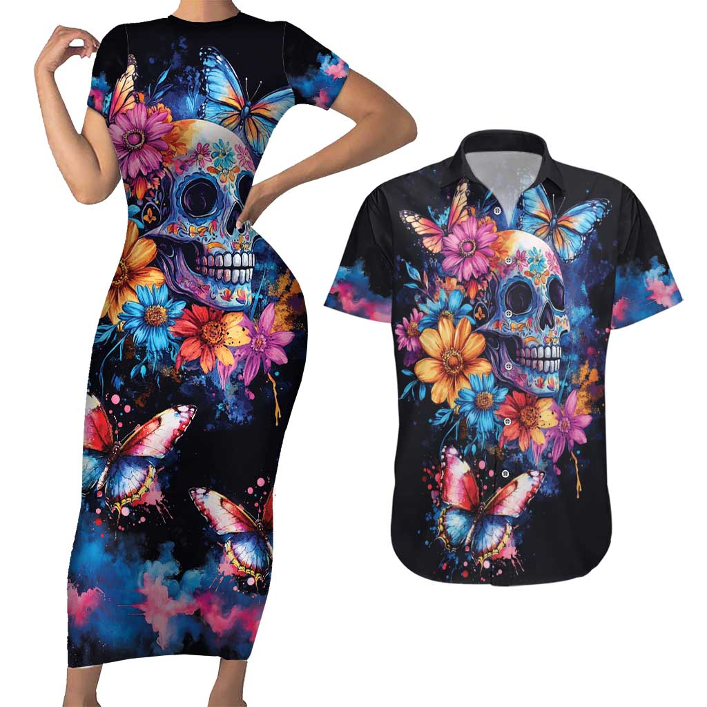 Mexican La Calaca and Butterfly Couples Matching Short Sleeve Bodycon Dress and Hawaiian Shirt Skull Day Of The Dead LT9 - Wonder Print Shop
