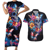 Mexican La Calaca and Butterfly Couples Matching Short Sleeve Bodycon Dress and Hawaiian Shirt Skull Day Of The Dead LT9 - Wonder Print Shop
