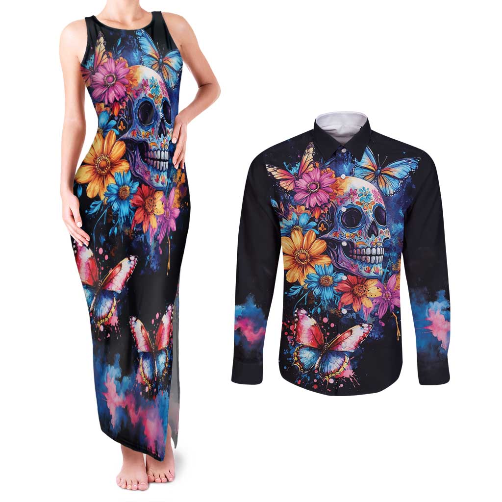 Mexican La Calaca and Butterfly Couples Matching Tank Maxi Dress and Long Sleeve Button Shirt Skull Day Of The Dead LT9 - Wonder Print Shop