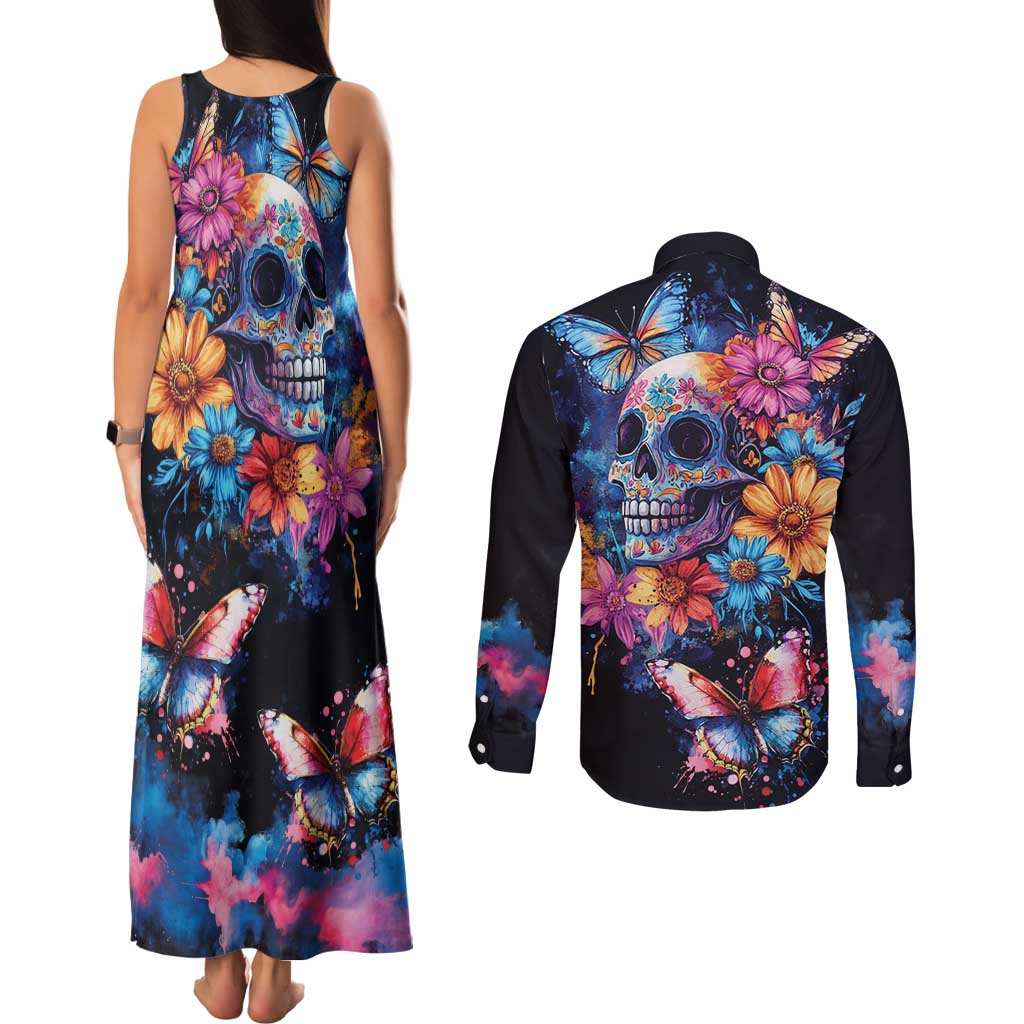 Mexican La Calaca and Butterfly Couples Matching Tank Maxi Dress and Long Sleeve Button Shirt Skull Day Of The Dead LT9 - Wonder Print Shop