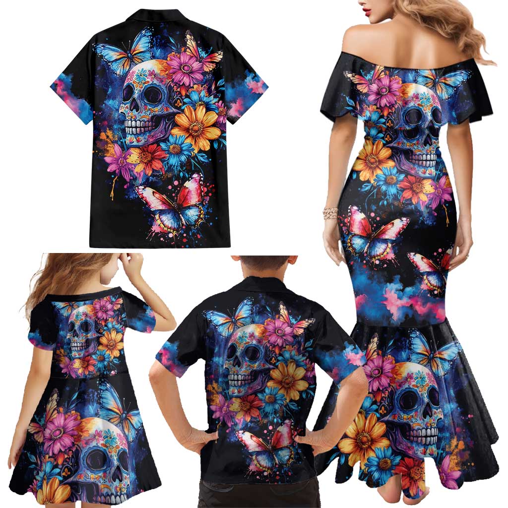 Mexican La Calaca and Butterfly Family Matching Mermaid Dress and Hawaiian Shirt Skull Day Of The Dead LT9 - Wonder Print Shop