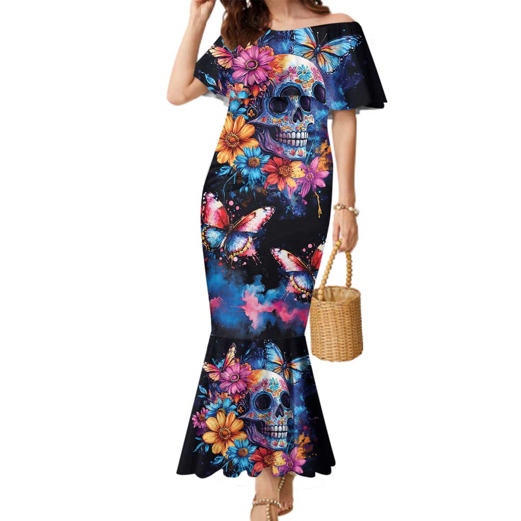 Mexican La Calaca and Butterfly Family Matching Mermaid Dress and Hawaiian Shirt Skull Day Of The Dead LT9 - Wonder Print Shop