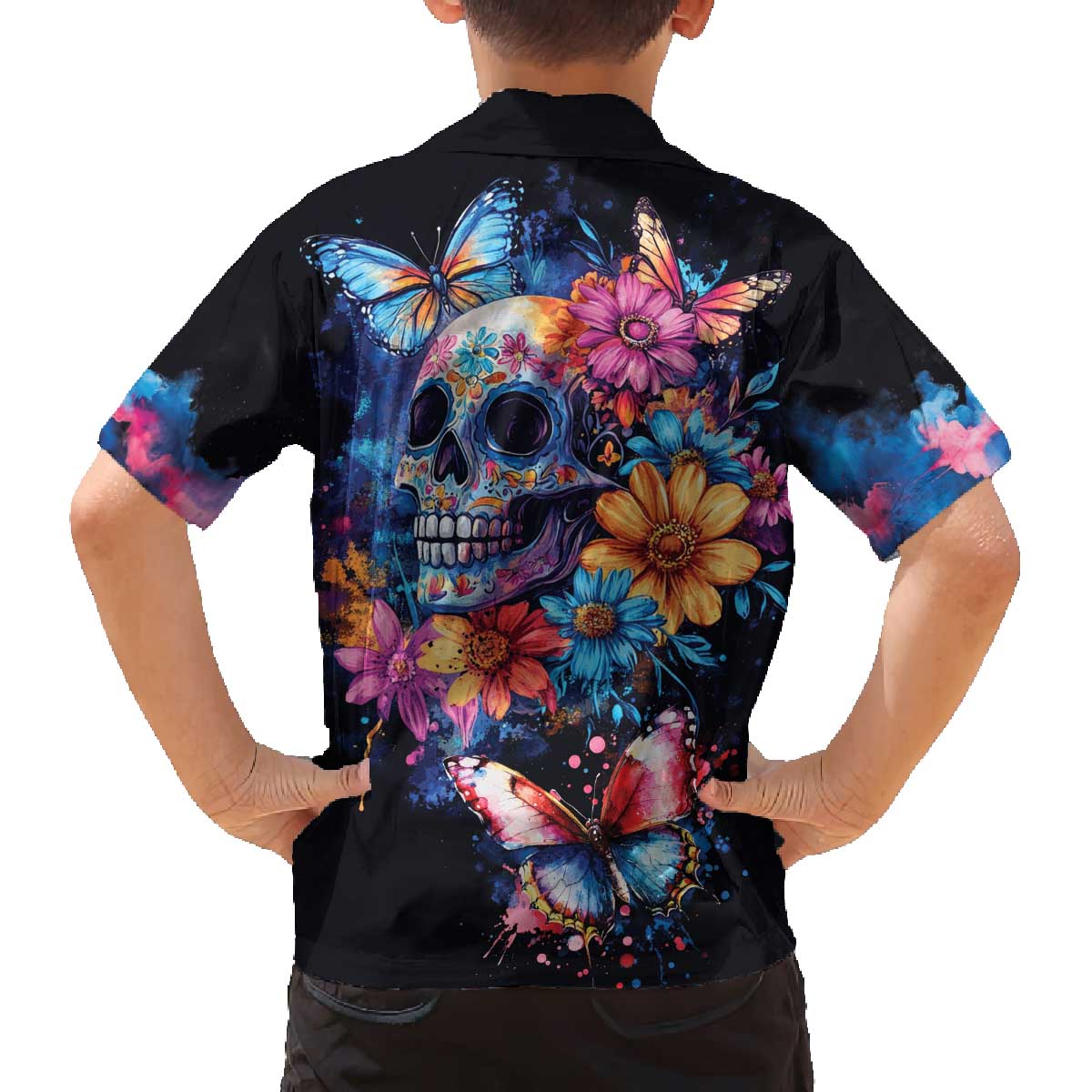Mexican La Calaca and Butterfly Family Matching Off The Shoulder Long Sleeve Dress and Hawaiian Shirt Skull Day Of The Dead - Wonder Print Shop