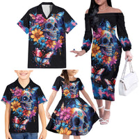 Mexican La Calaca and Butterfly Family Matching Off The Shoulder Long Sleeve Dress and Hawaiian Shirt Skull Day Of The Dead - Wonder Print Shop