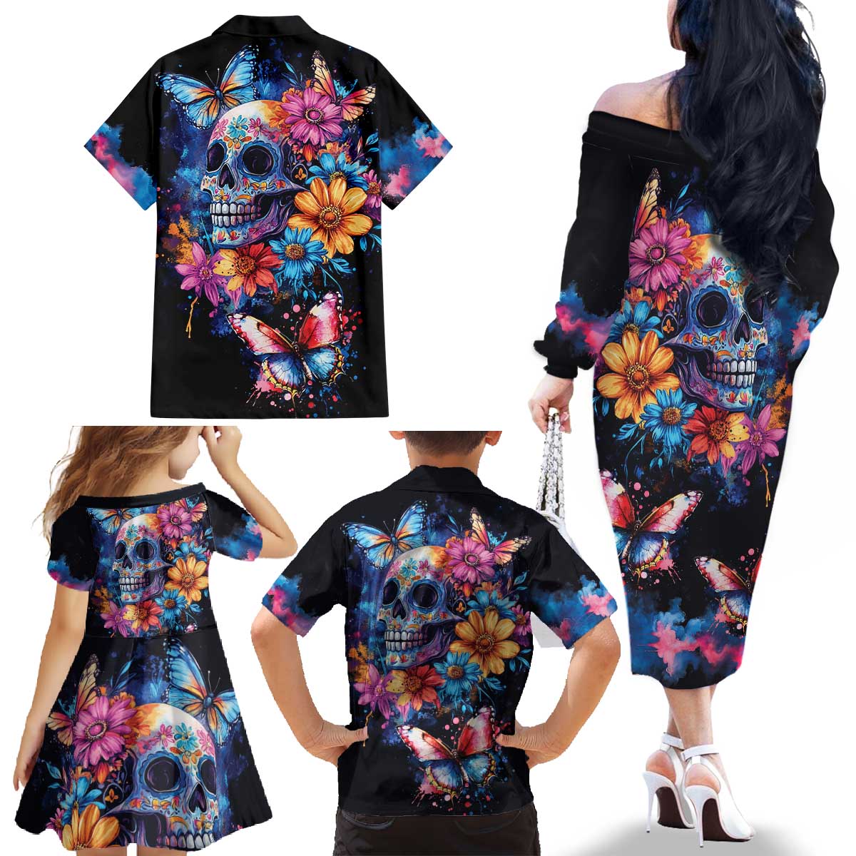 Mexican La Calaca and Butterfly Family Matching Off The Shoulder Long Sleeve Dress and Hawaiian Shirt Skull Day Of The Dead - Wonder Print Shop