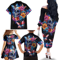 Mexican La Calaca and Butterfly Family Matching Off The Shoulder Long Sleeve Dress and Hawaiian Shirt Skull Day Of The Dead - Wonder Print Shop