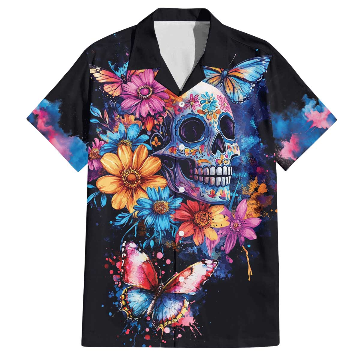 Mexican La Calaca and Butterfly Family Matching Off The Shoulder Long Sleeve Dress and Hawaiian Shirt Skull Day Of The Dead - Wonder Print Shop