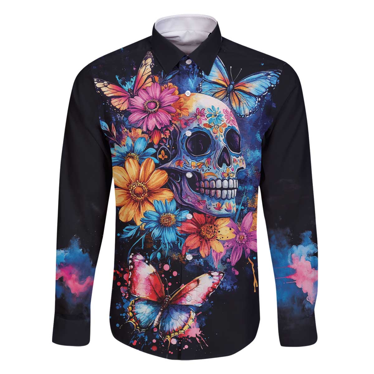 Mexican La Calaca and Butterfly Family Matching Off The Shoulder Long Sleeve Dress and Hawaiian Shirt Skull Day Of The Dead - Wonder Print Shop