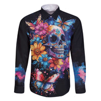 Mexican La Calaca and Butterfly Family Matching Off The Shoulder Long Sleeve Dress and Hawaiian Shirt Skull Day Of The Dead - Wonder Print Shop