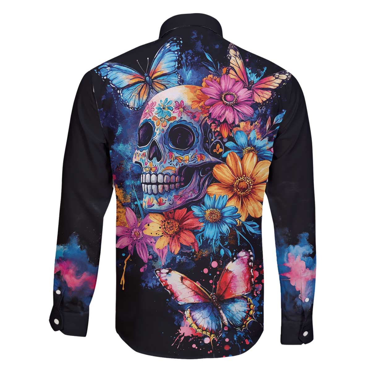 Mexican La Calaca and Butterfly Family Matching Off The Shoulder Long Sleeve Dress and Hawaiian Shirt Skull Day Of The Dead - Wonder Print Shop