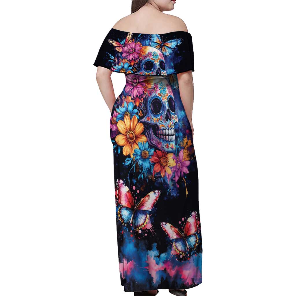 Mexican La Calaca and Butterfly Family Matching Off Shoulder Maxi Dress and Hawaiian Shirt Skull Day Of The Dead LT9 - Wonder Print Shop