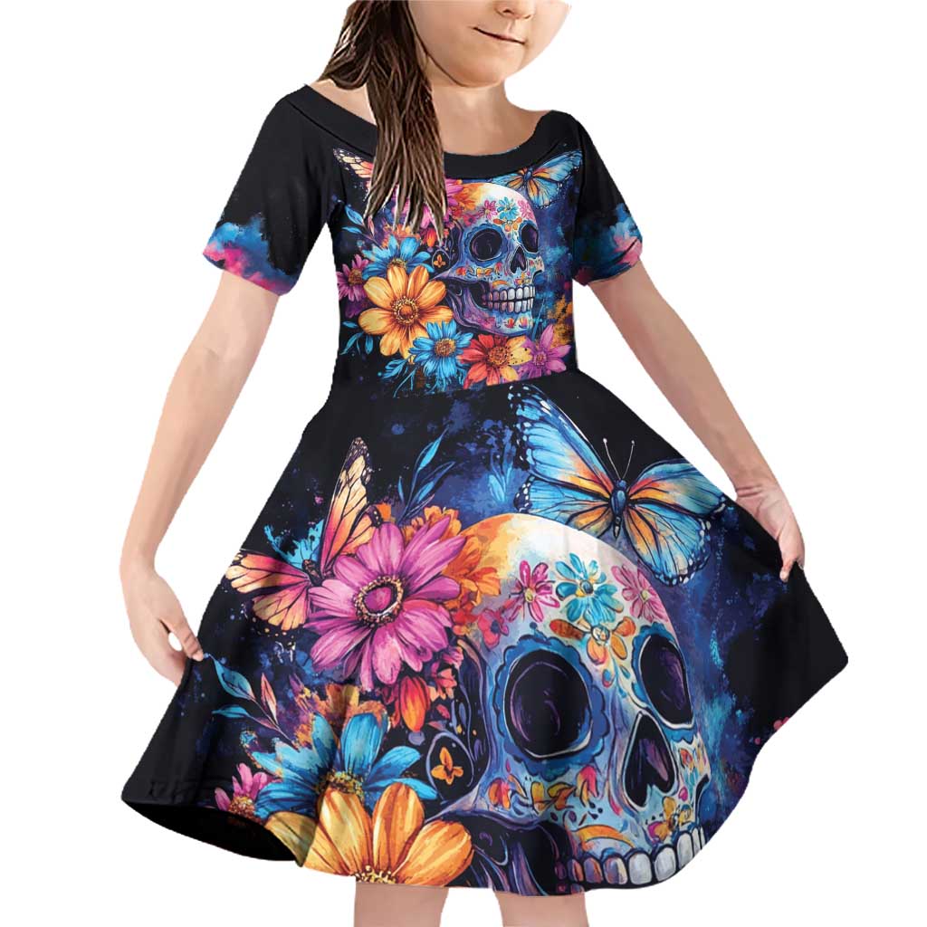 Mexican La Calaca and Butterfly Family Matching Off Shoulder Short Dress and Hawaiian Shirt Skull Day Of The Dead LT9 - Wonder Print Shop