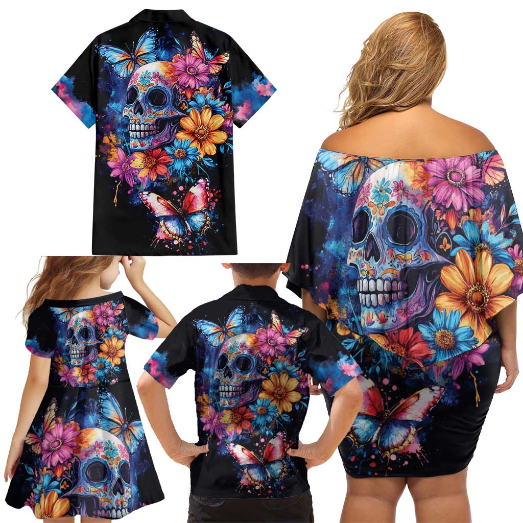 Mexican La Calaca and Butterfly Family Matching Off Shoulder Short Dress and Hawaiian Shirt Skull Day Of The Dead LT9 - Wonder Print Shop